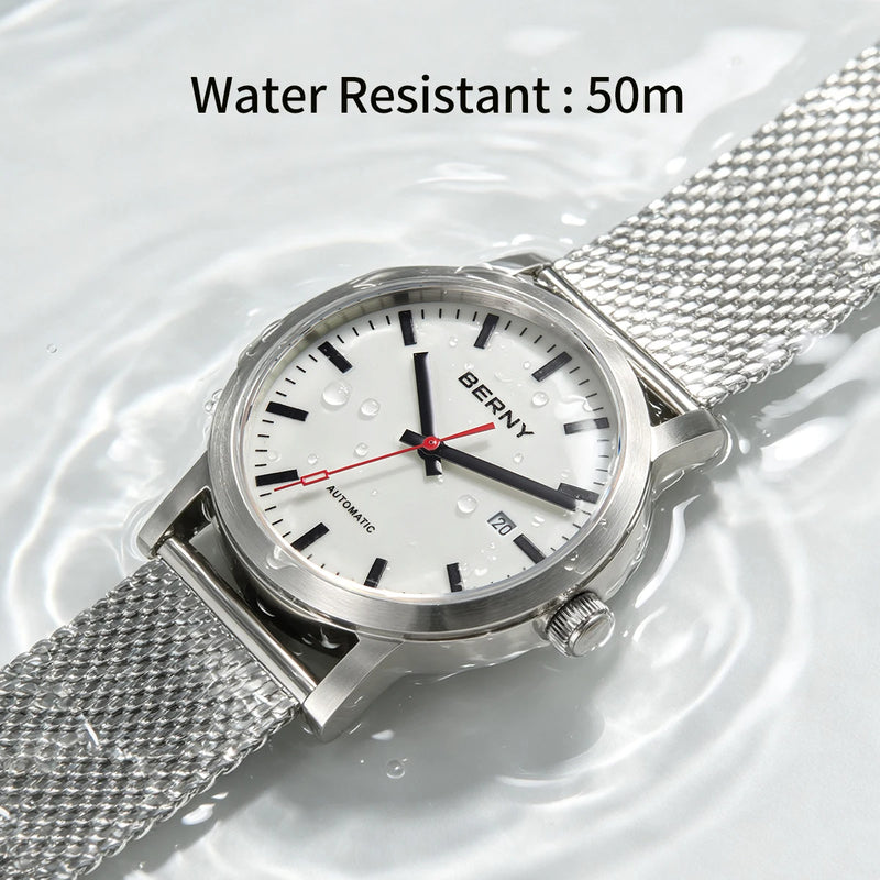 BERNY Automatic Men's Watch Top Brand Luminous 316L Stainless Steel Self-Wind Sapphire Wristwatch Mesh Belt Mechanical Men Watch