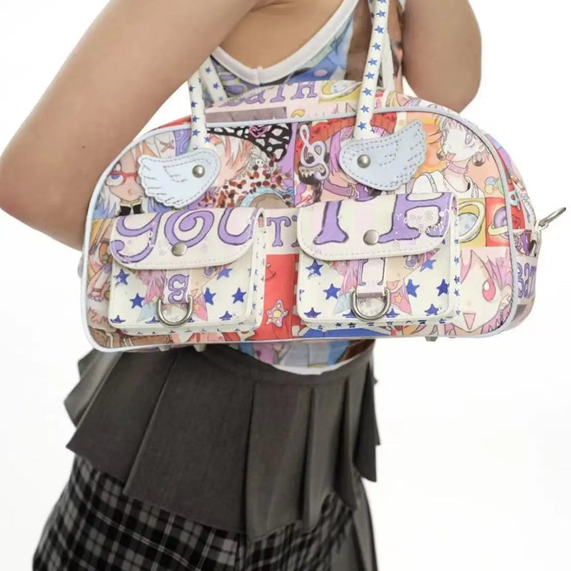 Kawaii Y2K Graffiti Handbag for Women Cute Star Strap Boston Bag Retro Manga Shoulder Bag Vintage Aesthetic Small Underarm Bag