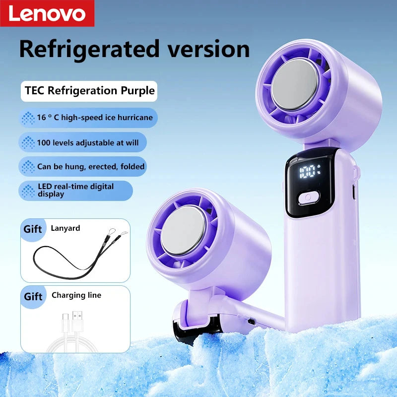 Lenovo Refrigeration Handheld Electric Fan Portable Desktop and Outdoor USB Digital Display High-speed Fan Folding Neck Hanging