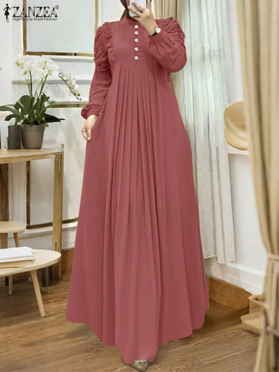 ZANZEA Muslim Modest Maxi Dresses Women Elegant Ruffles | SAMAG