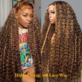30 40 Inch Deep Wave Human Hair Wig 360 Full Lace Front with Hidden Strap 4/27 Blonde Highlights Pre Plucked Brazilian Curly Wig