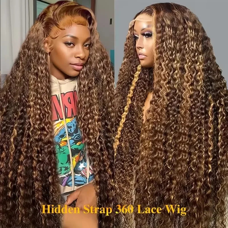 30 40 Inch Deep Wave Human Hair Wig 360 Full Lace Front with Hidden Strap 4/27 Blonde Highlights Pre Plucked Brazilian Curly Wig