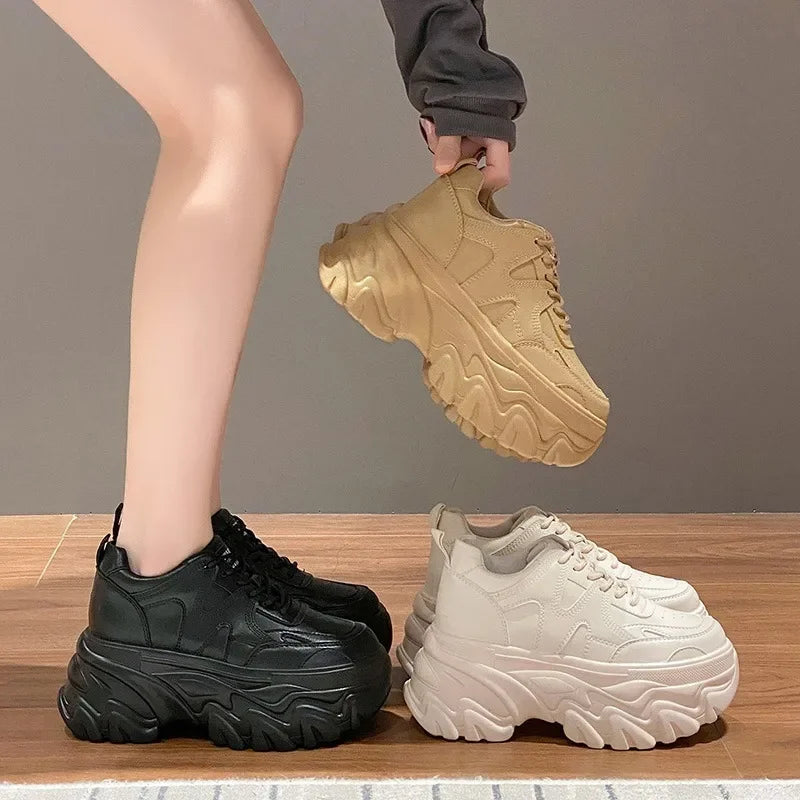 Women Platform Casual Thick leather Shoes 2024 New Spring Autumn Chunky Sneakers 8CM Wedges Hidden Heels Leisure Shoes Woman