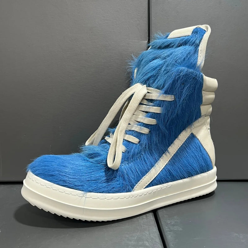 Ro Luxury Men Ankle Boot Black Horsehair Boots Women Sneaker Horse Hair High Top Shoe  Casual Shoes Zipper Sneakers