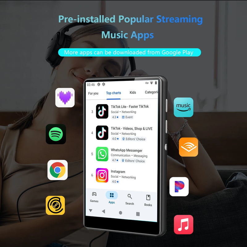 80GB (64GB+16GB) MP3 player for Android 9.0 with Bluetooth and WiFi, 4.0-inch full touch screen Built-in Spotify,Audible,Pandora