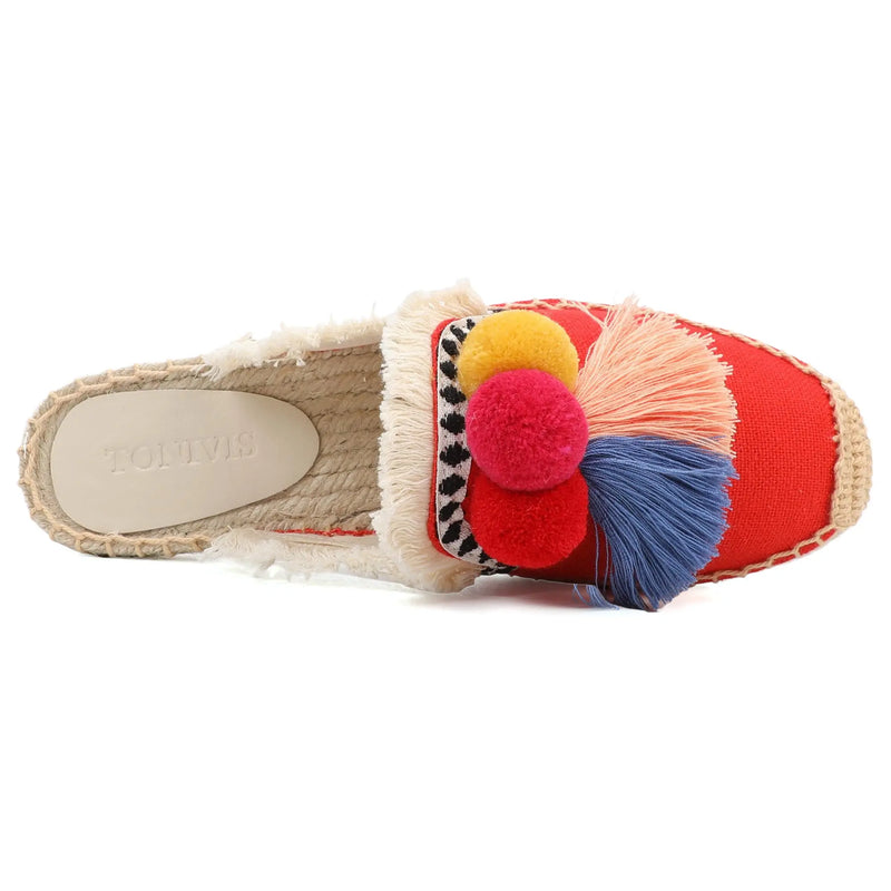 Women's Slippers  Espadrilles  Fluffy Ball Mule Slides Sale -  Rubber Hemp Shoes Outside Spring  women  sandals