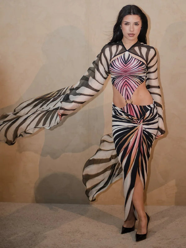 Butterfly Wing Print Jumpsuit Bodycon Skirt Sets Women Sexy Hollow Out Backless Irregular Long Sleeve Slim Jumpsuits Slit Skirts