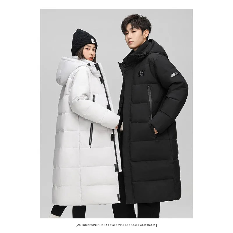 Fashionable White Duck Down Jackets Suitable Both Men  Women in Winter Long Knee-length Cotton-padded Jackets with Thick Hooded