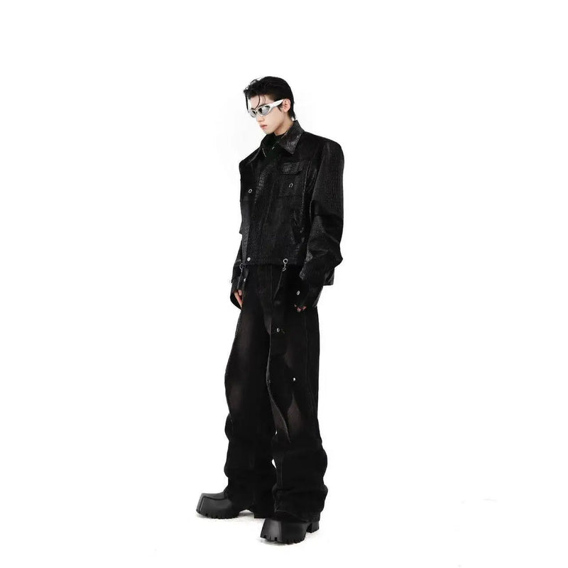 TIFICY Crocodile Patterned Shoulder Pad PU Leather Jacket Men's Patchwork Design High-end Black Jackets Top Men Clothing
