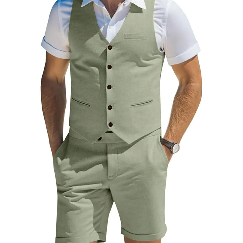 Men's Suit Linen 2 Piece Vests Short Pants Suits for Men Casual Summer Beach Groomsmen Wedding Waistcoat Set