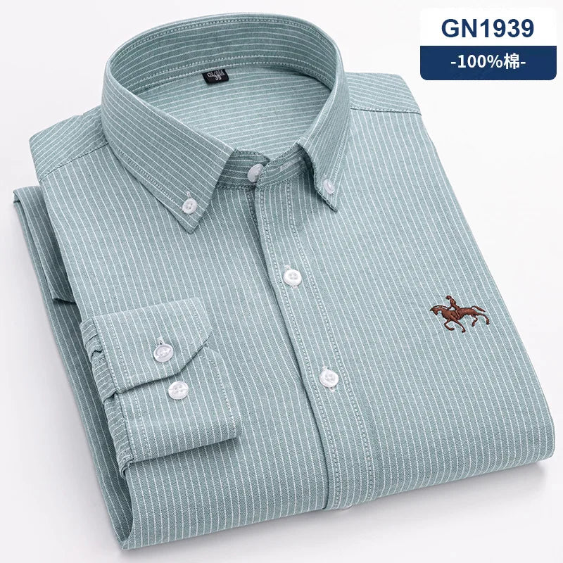 S~6XL Cotton Oxford Shirt For Men's Long Sleeve Plaid | SAMAG
