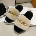 Fluffy Women's Slippers Home Winter Chain Luxury Designer Woman Shoes Plush Indoor Casual Platform Fuzzy Fur Slides Elegant New