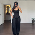 Laru Women Satin 2 Piece Outfit U Neck Corset Tank Top High Waist Harem Baggy Pants Elegant Party Daily Matching Suit