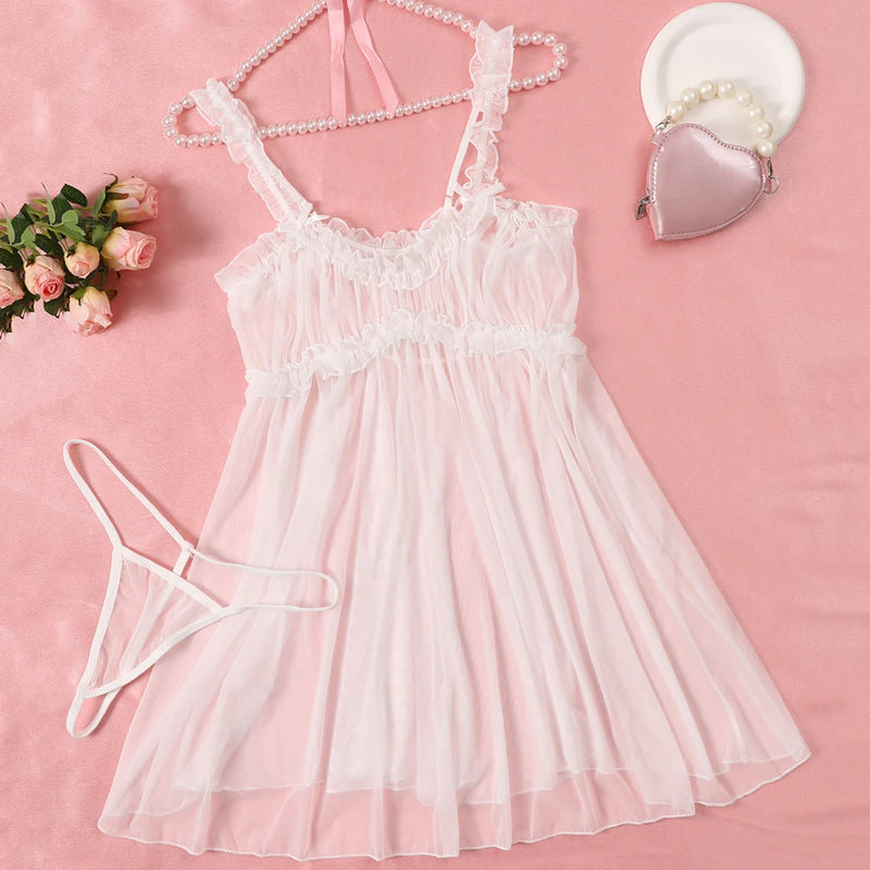 Transparent Seductive Black Porn Night Dress Underwear Hot Women Sleepwear New Lace Pajama Set Babydoll + Panties Sex Nightgown