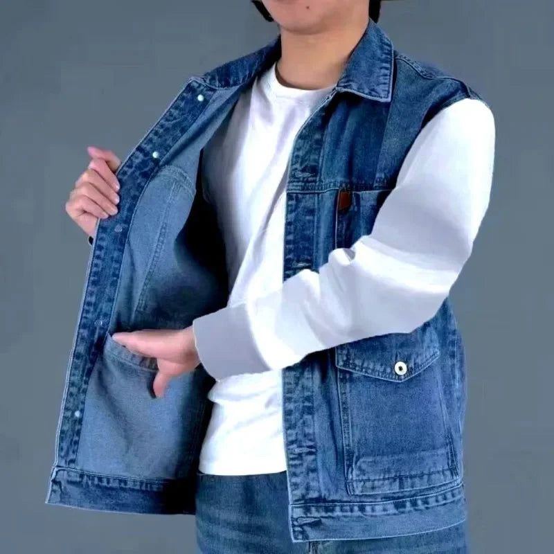 Trendy Summer Retro Denim Vest for Men Sleeveless Cargo Jacket Multi Pocket Workwear Jacket