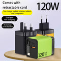 3 In 1 120W GaN Charger USB Type C Fast Charging Phone Charger Adapter With Retractable USB C Cable Wall Plug For iPhone Huawei