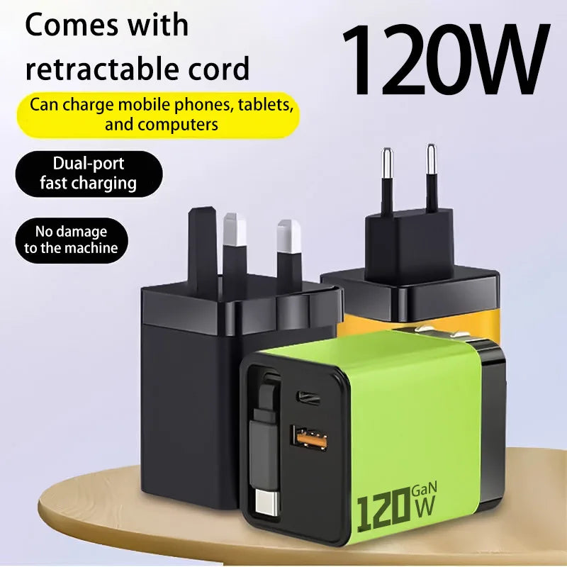 3 In 1 120W GaN Charger USB Type C Fast Charging Phone Charger Adapter With Retractable USB C Cable Wall Plug For iPhone Huawei