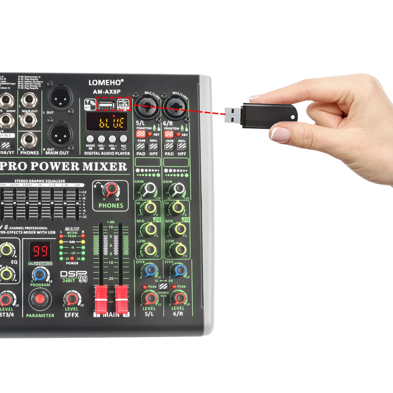 Lomeho 6 Channel Power Mixer 99 Effect Mixing Console with Amplifier Bluetooth USB PC Audio Record 2*100W Sound Table AM-AX6P