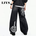 Men's Black Skull Finger Print Baggy Wide Leg Jeans | SAMAG