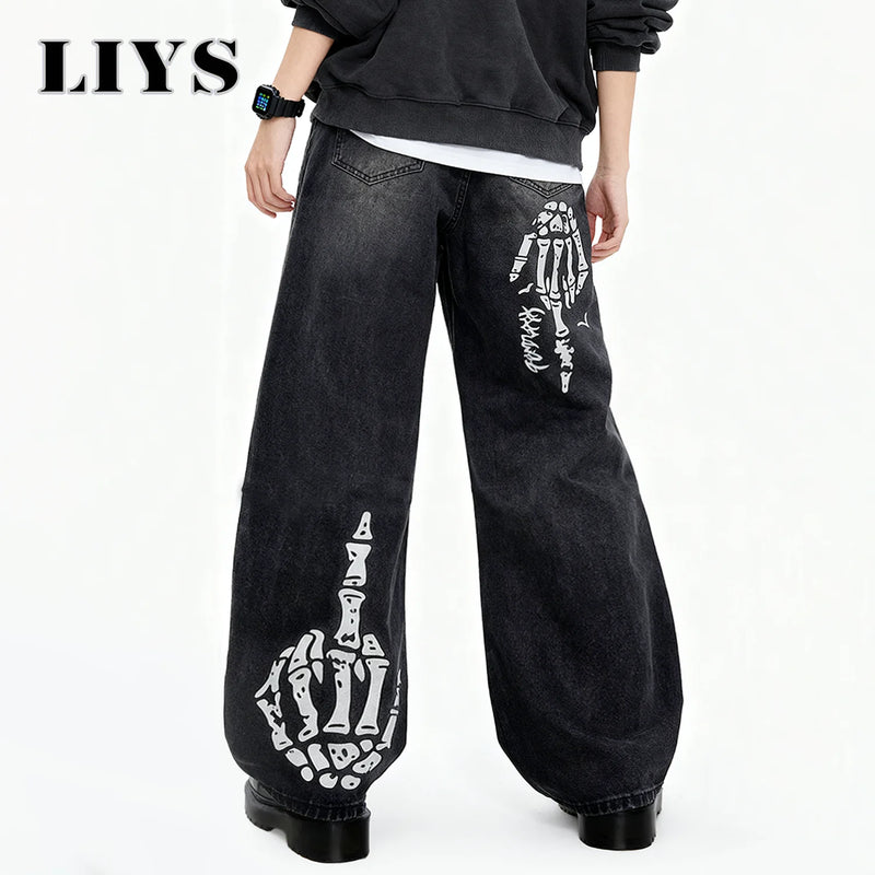 Men's Black Skull Finger Print Baggy Wide Leg Jeans | SAMAG