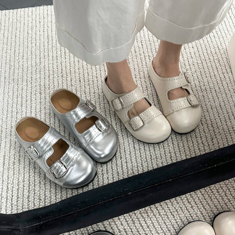 Summer Women Double Buckle Strap Perforated Round Toe Mules Clogs Slip On Non Slip Casual Daily Slippers Slides Shoes for Ladies
