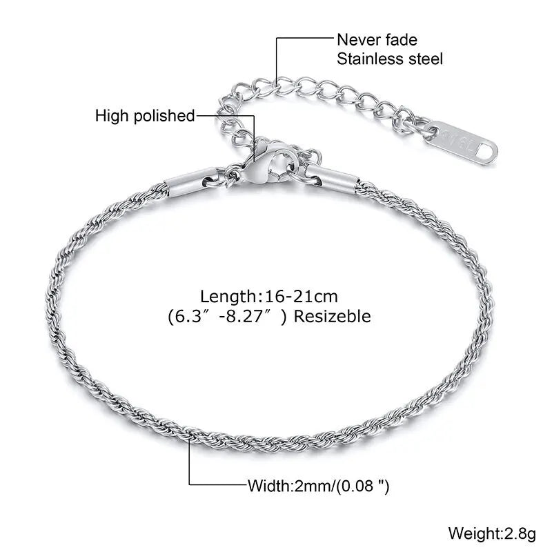 Hip Hop Men's Stainless Steel Rope Chain Bracelets,2/3/4/5mm Gold Color Adjustable Twisted Chain Wristband,Punk Casual Jewelry