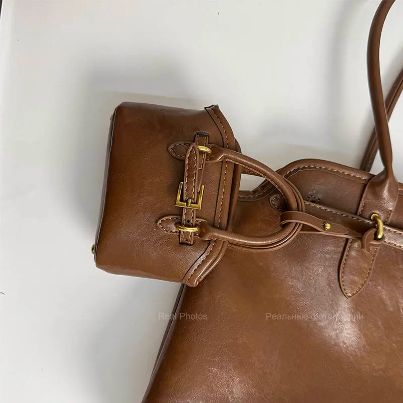 LEFTSIDE Big PU Leather Short Handle Shoulder Bag for Women 2025 Winter Luxury Tote Bag Lady Designer Retro Handbags and Purses