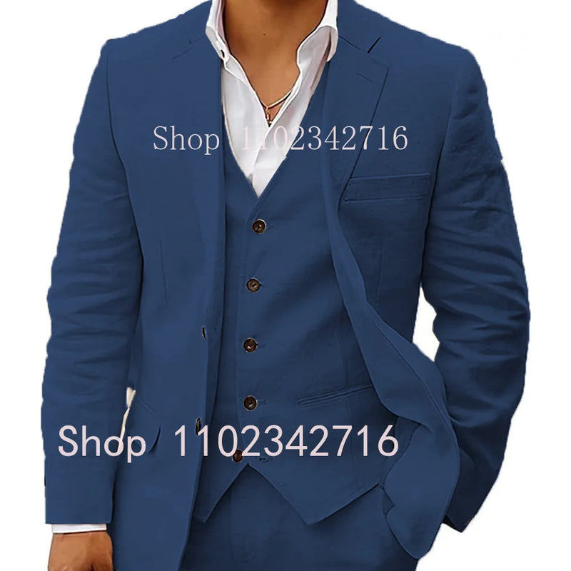 3 Piece Linen Summer Men Suits for Wedding Groom Tuxedos 2023 Casual Beach Custom Man Suit Set Jacket Vest with Pants Man Fahion