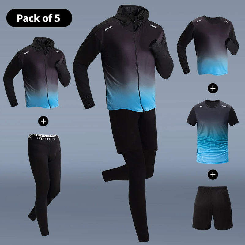 5 - Piece Men's Quick - drying Sports Suit Fitness Running Tight Elastic Trousers With Cap Gradient Coat - View 8 | SAMAG