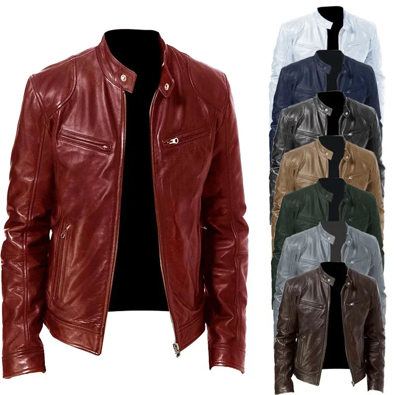 Business Style PU Leather Jacket Stand Collar Slim Fit Zipper Coat Multiple Colors Autumn New Arrival Fashion Urban Outerwear