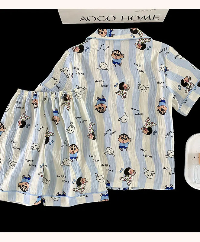 Shin-chan cartoon-patterned pajama set, a short-sleeved top and matching shorts, comfortable summer homewear