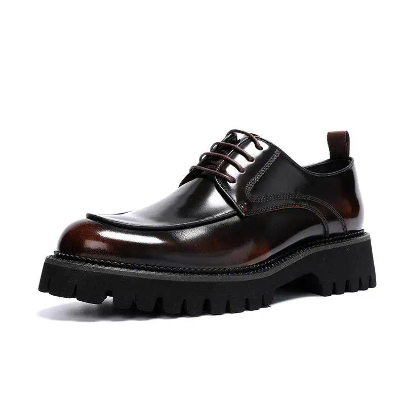 Men's Spring Formal Leather Derby Shoes Glossy Genuine Leather Thick Sole Height Increasing Business Casual Wedding Shoes