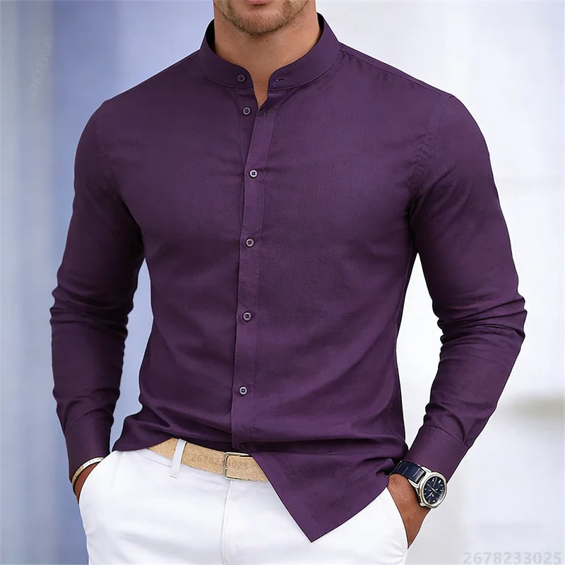 Men's stand-up collar white or black long-sleeved shirt | SAMAG