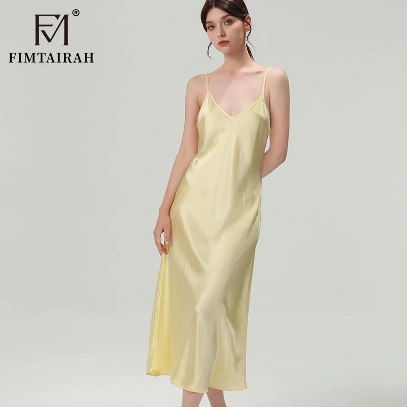 FIMTAIRAH Brand 6A 19mm New 100% Silk Nightgown Women Sexy Elegant Summer Silk NightDRESS long home wear Pajamas