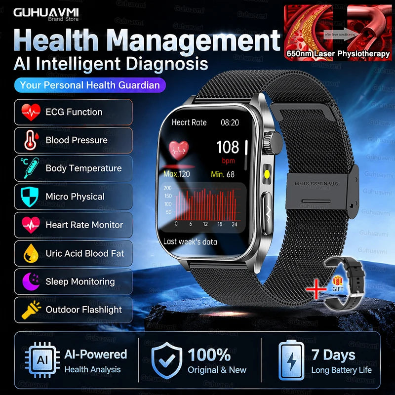 2026 New Non-Invasive Laser Treatment Three High Smart Watch Man ECG Heart Test Blood Fat Uric Acid Smart Watch For Android IOS