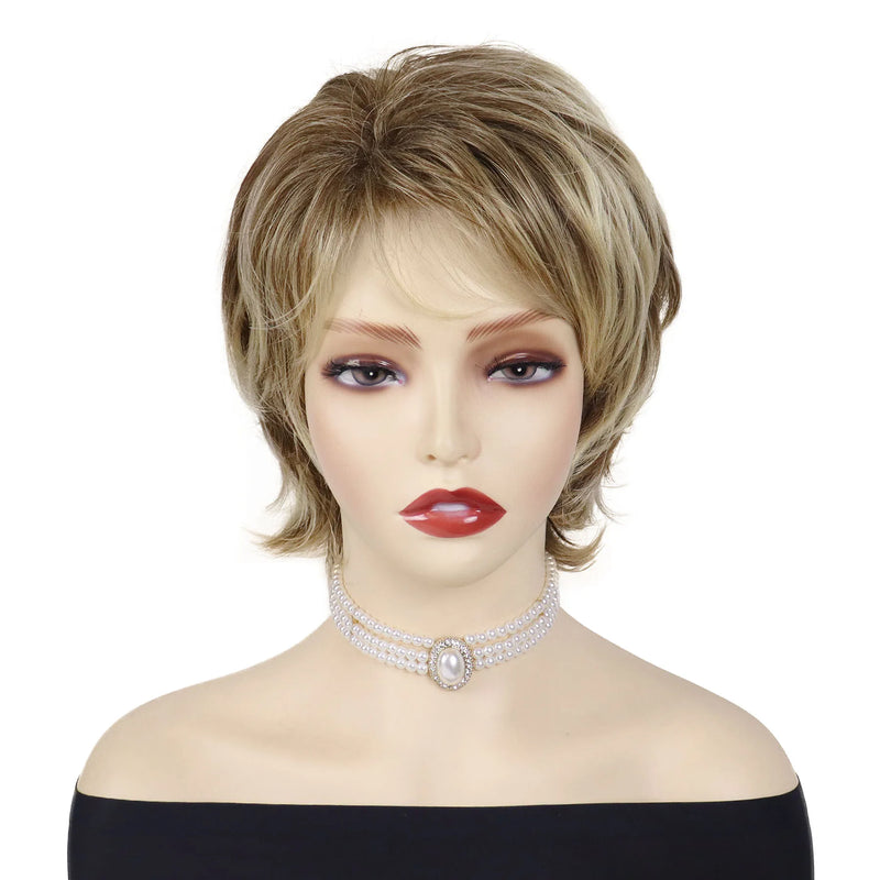 Women's Fashion Short Wigs Natural Synthetic Hair Mixed Blonde Pixie Cut Layered Wig with Bangs Heat Resistant Daily Party Use
