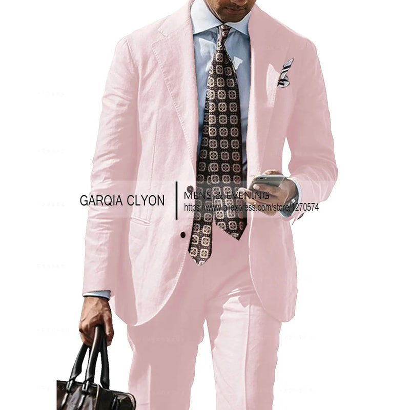 2025 New Casual Men's Suit Jacket Summer Spring Blazer Two Bottom Breathable Cotton Linen Coat 2 Pieces( Jacket+Pants )