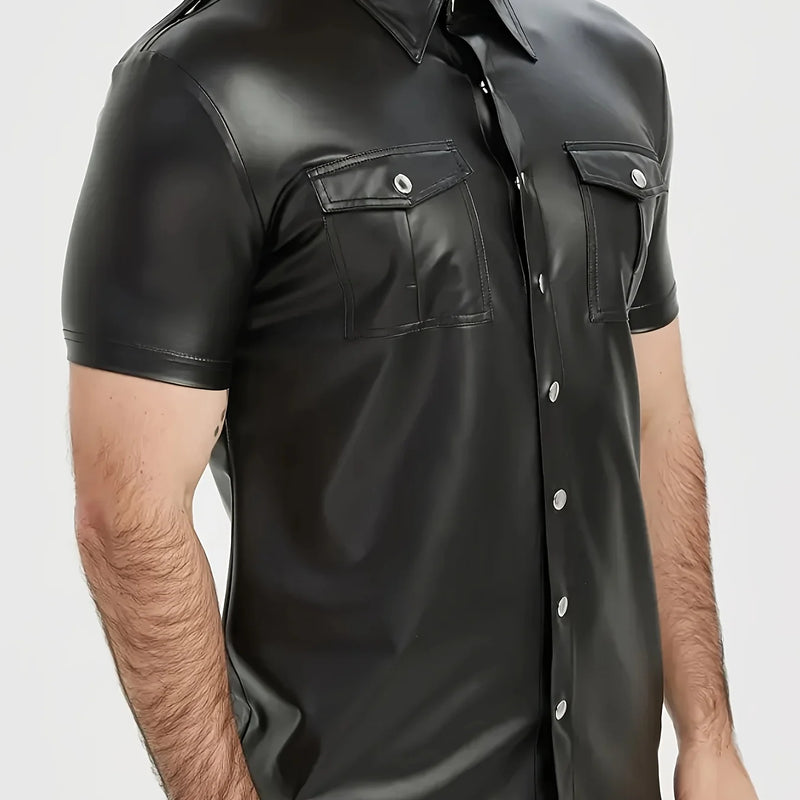 Men's PU leather short-sleeved street style button-down | SAMAG