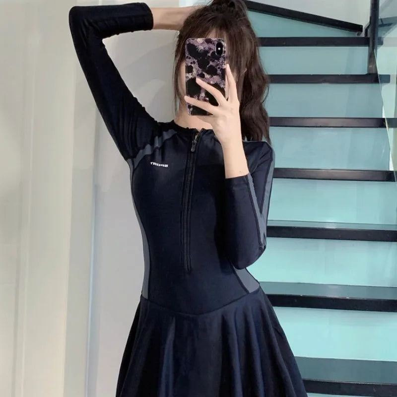 Athletic Long Sleeve One Piece Swimsuit Dress with Zipper | SAMAG
