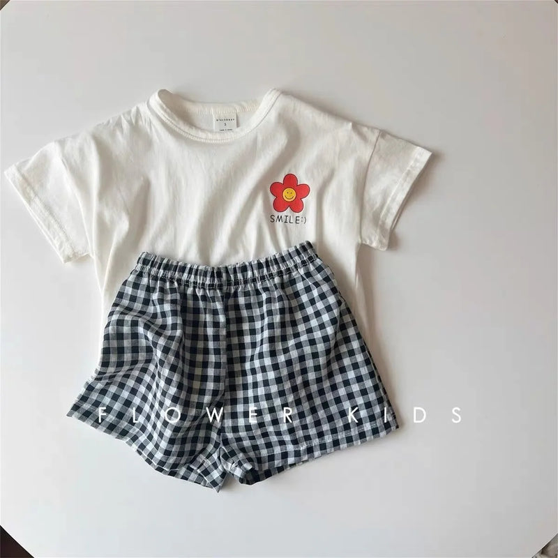Girls White T-shirt Plaid Shorts /Set Casual Simple Cute | SAMAG