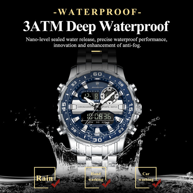 POEDAGAR Top LED Man Clock Waterproof Electronic Luxury Men's Watches Dual Time Display Digital Stainless Steel Men Quartz Watch