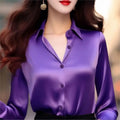 Ele Purple Silk Satin Long Sve Women's irt Profional Faionable Commuting Sle Autumn New Arrival Loose Fit Pol...
