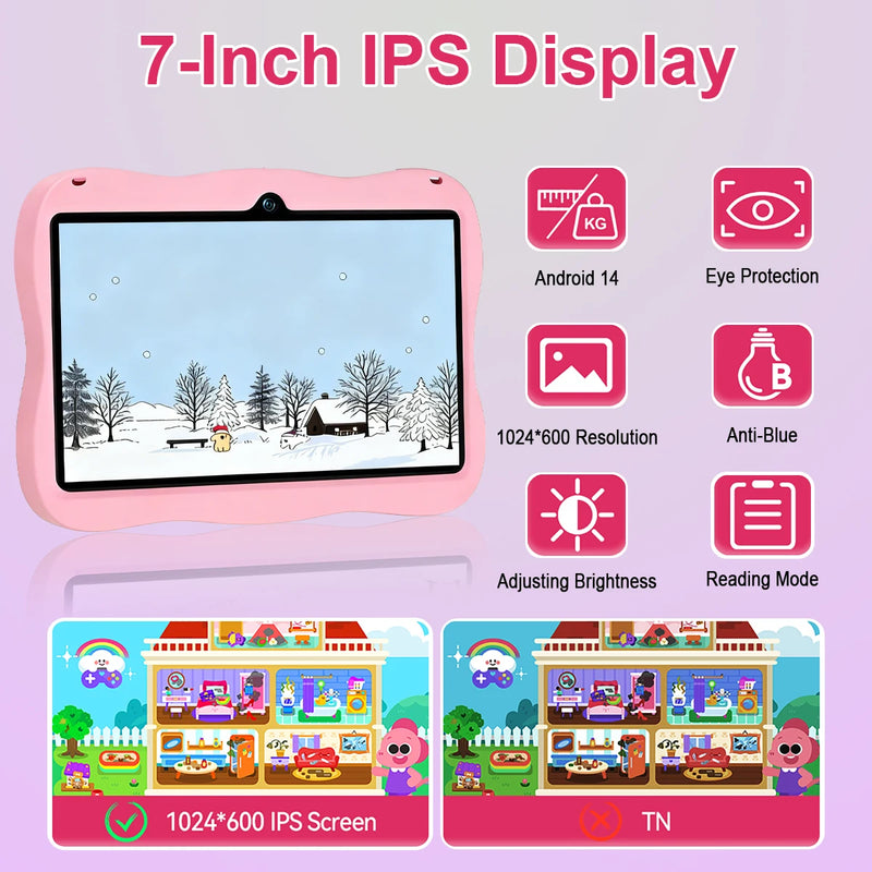 7 Inch Kids Tablet Android 14, 4GB RAM 64GB ROM, WiFi Bluetooth Type-C Port with Protective Case Gift for Children