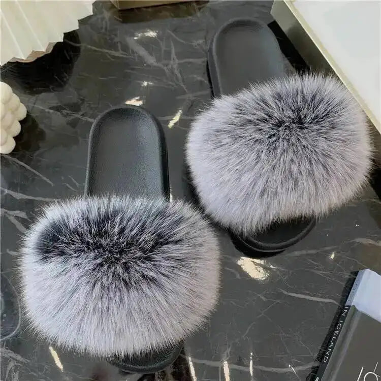 Women Real Raccoon Fur Slides Fluffy Luxury Furry Open Toe Slippers Indoor Outdoor Summer Sandals Non Slip Soft Comfy Sole Cozy