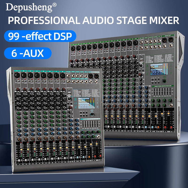 14 Channels Digital Professional Audio Console Mixer Depusheng TG14 Mixing DJ Console USB with 48V Phantom Power Built-in 99 Rev