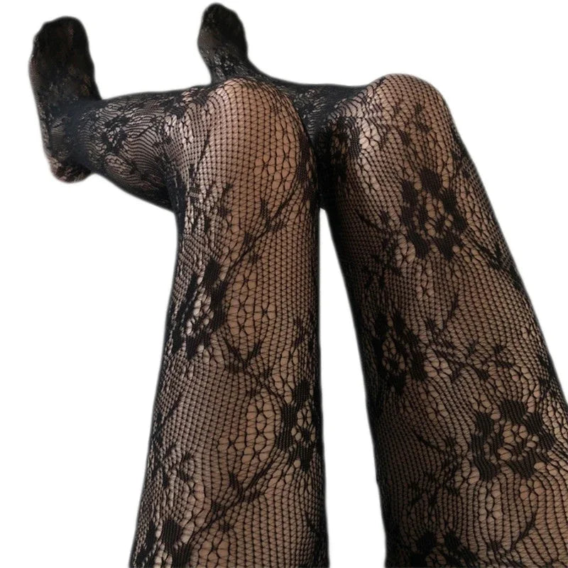 Sexy Women's Long Fishnet Stockings Pantyhose Floral Vintage Flower Vines Hollowed-out Lace Lolita Sheer Mesh Tights Lingerie