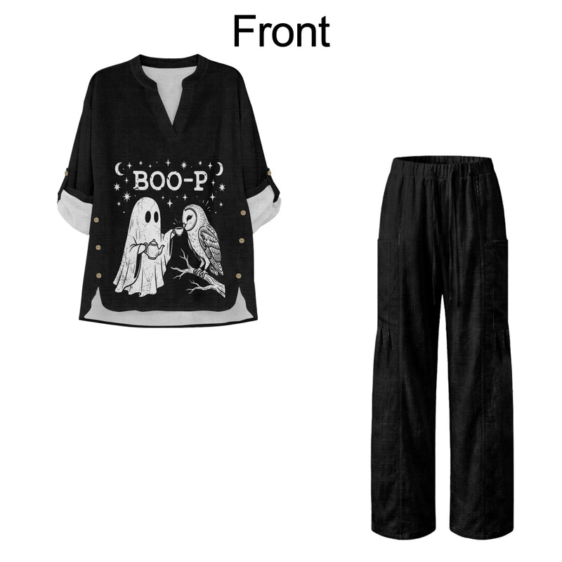 INSTANTARTS Traf 2026 Halloween Women's Matching Sets Blusas Elegantes De Mujer Tendencia 2026 Shirt and Wide Leg Pants Set