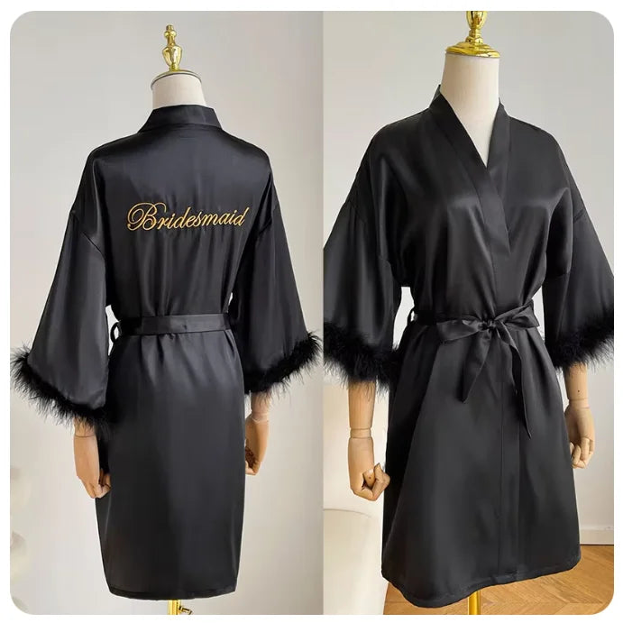White Bride Wedding Robe with Feathers Women Satin | SAMAG
