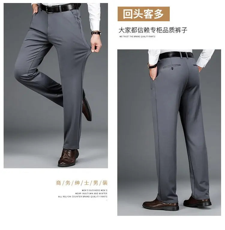 Winter Fleece Warm Business Formal Pants Men Classic Work Office Grey Elastic Waist Suit Thicked Thermal Trousers Plus