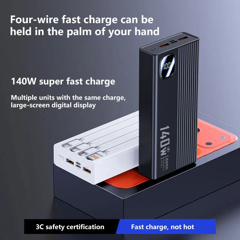 140W 200000mAh Power Bank Large Capacity 4 In1 Cables Intelligent Digital Display Light Portable Powerbank For iPhone Huawei New